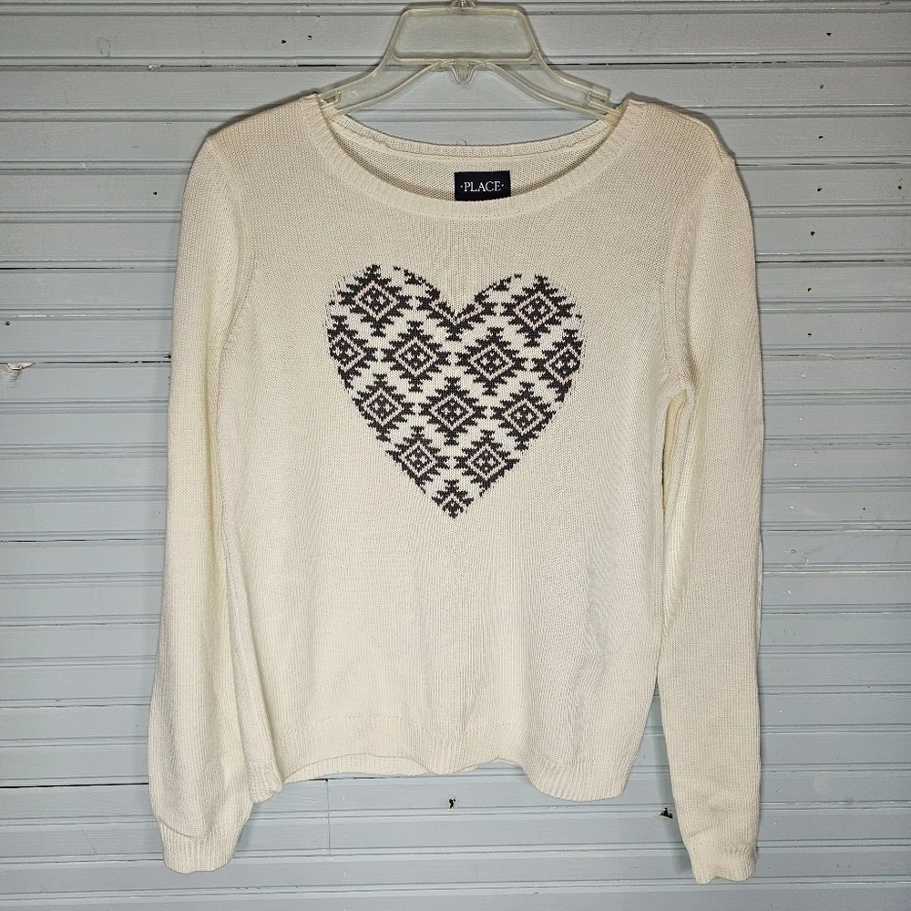 NWT The Children's Place White Gray Pink Heart Sweater Girl's Size 14 XL
